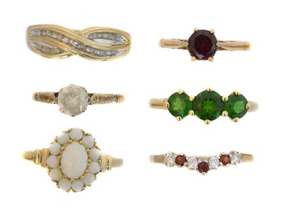 Lot 114 - Six 9ct gold gem-set dress rings.