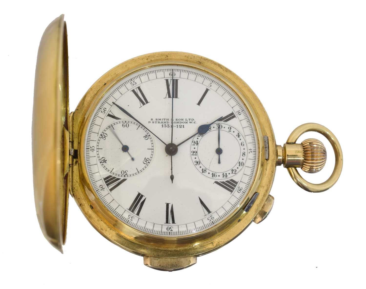 Lot 247 - An 18ct gold half hunter chronograph calendar minute repeater pocket watch by S. Smith & Son Ltd.