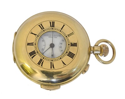 Lot 247 - An 18ct gold half hunter chronograph calendar minute repeater pocket watch by S. Smith & Son Ltd.