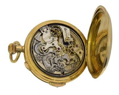 Lot 247 - An 18ct gold half hunter chronograph calendar minute repeater pocket watch by S. Smith & Son Ltd.