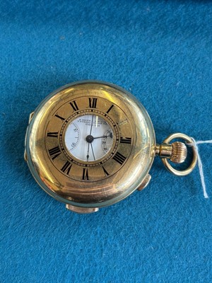 Lot 247 - An 18ct gold half hunter chronograph calendar minute repeater pocket watch by S. Smith & Son Ltd.
