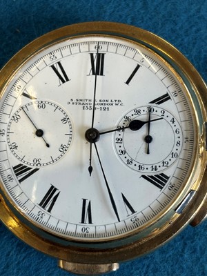 Lot 247 - An 18ct gold half hunter chronograph calendar minute repeater pocket watch by S. Smith & Son Ltd.
