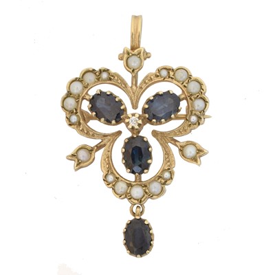 Lot 3 - A 9ct gold sapphire diamond and split pearl brooch.