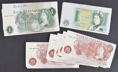 Lot 74 - Selection of Ten Shillings and One Pound banknotes (quantity).