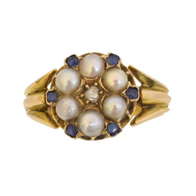 Lot 170 - A late Victorian diamond pearl and sapphire cluster ring.