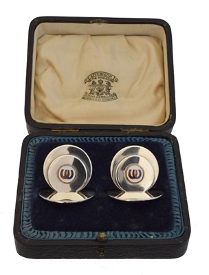 Lot 4 - A pair of George V silver enamel place holders by Sampson Mordan & Co.