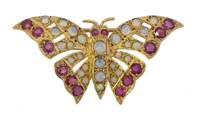 Lot 1 - A 9ct gold opal and ruby butterfly brooch.