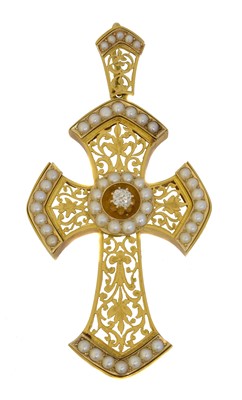 Lot 70 - A Victorian diamond and split pearl cross pendant.