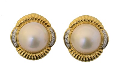 Lot 58 - A pair of 18ct gold mabe pearl and diamond earrings.