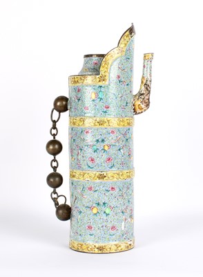 Lot 88 - A Rare Chinese Canton Enamel Tibetan-Style "Monk's Cap" Ewer (Duomuhu, 多穆壶)