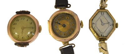 Lot 107 - Three 9ct gold manual wind wristwatches.
