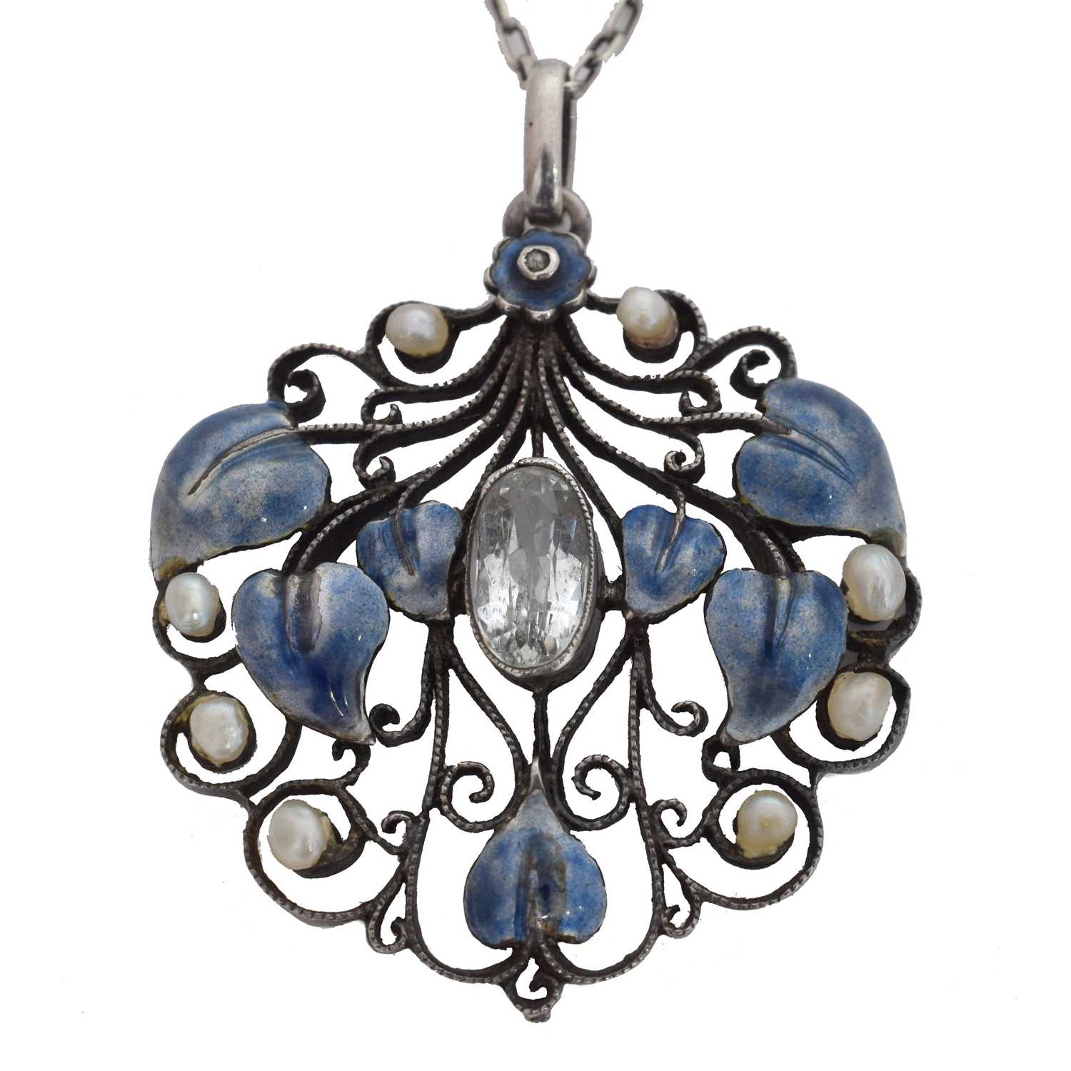 Lot 69 - An aquamarine, diamond and enamel pendant, circle of Arthur & Georgie Gaskin.