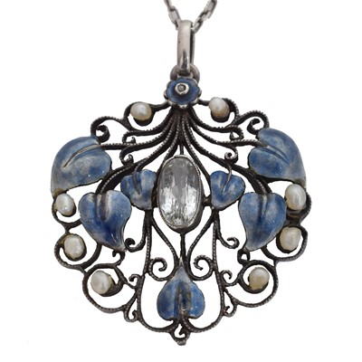 Lot 69 - An aquamarine, diamond and enamel pendant, circle of Arthur & Georgie Gaskin.