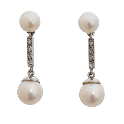 Lot 46 - A pair of cultured pearl and diamond drop earrings.