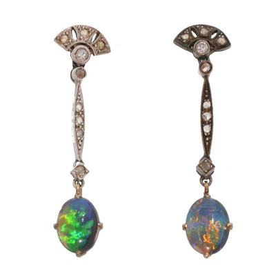 Lot 44 - A pair of Art Deco black opal and diamond drop earrings.