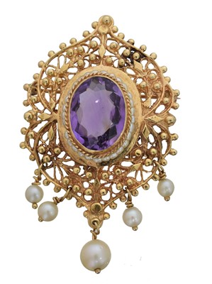 Lot 12 - An amethyst and split pearl brooch.