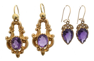 Lot 48 - Two pairs of amethyst drop earrings.