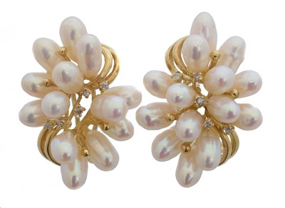 Lot 45 - A pair of cultured pearl and diamond earrings.
