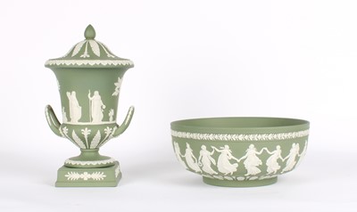 Lot 81 - A Wedgwood Green Jasperware Urn with Cover and Large Bowl