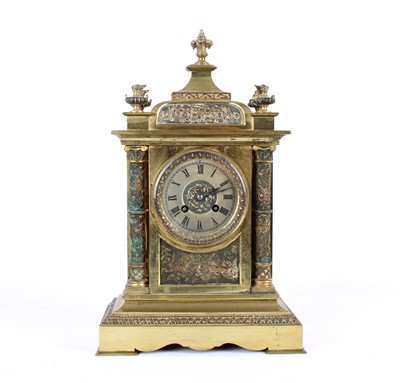 Lot 57 - A Late 19th Century French Brass Mantel Clock of Architectural Form