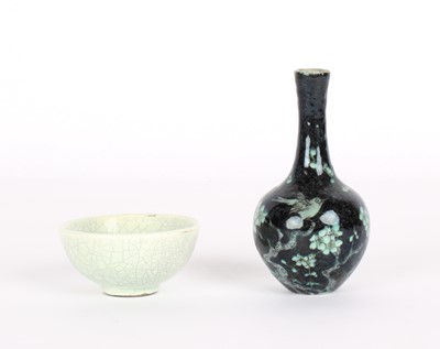 Lot 99 - A Chinese Miniature Famille Noire Bottle Vase and Ge Ware-Type Wine Bowl