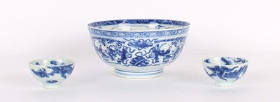 Lot 20 - A Chinese Blue & White Export Bowl and Pair of Tea or Wine Bowls