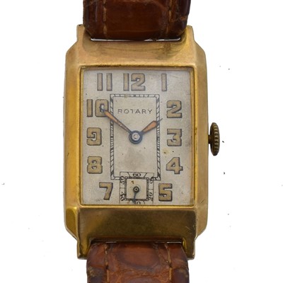 Lot 211 - A 1940s 9ct gold Rotary 'Tank' manual wind wristwatch.