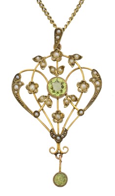 Lot 53 - An early 20th century peridot and split pearl pendant.