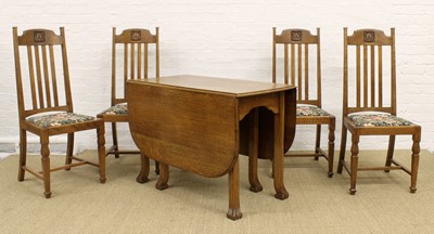 Lot 163 - Set of Four Arts & Crafts Oak Dining Chairs with Morris-Style Upholstery