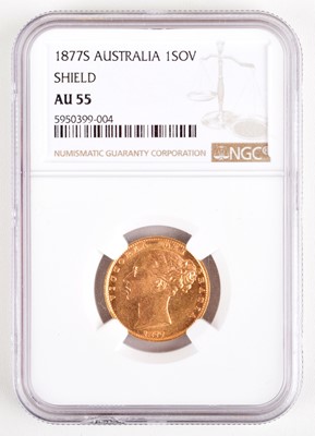 Lot 39 - Queen Victoria, Sovereign, 1877, Sydney Mint, graded and slabbed by NGC.