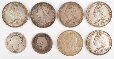 Lot 42 - An assortment of five silver Queen Victoria Crowns and a Halfcrown and others (8).