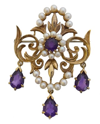 Lot 4 - A 9ct gold amethyst and cultured pearl brooch.