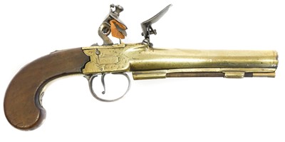 Lot 13 - Flintlock brass 34 bore pocket pistol, bearing...