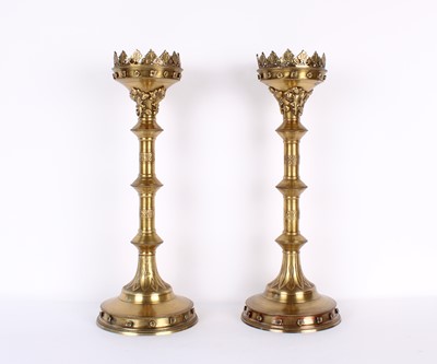 Lot 173 - A Pair of Tall Ecclesiastical-Style Brass Pricket Candlesticks
