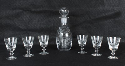 Lot 59 - An Ornithological Clear Glass Decanter and Set of Six Wine Goblets