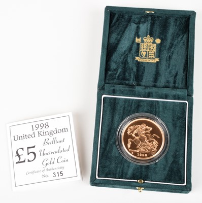Lot 13 - Queen Elizabeth II, Brilliant Uncirculated Five Pounds, 1998.