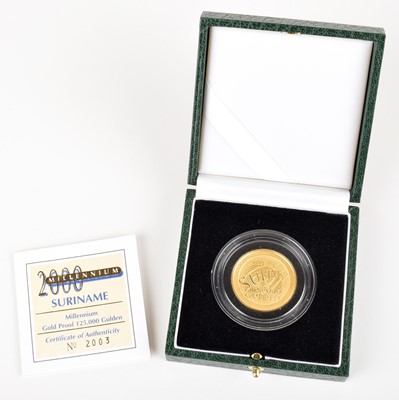 Lot 8 - The Royal Mint 2000 Suriname Millennium Gold Proof 125.000 Gulden coin.
