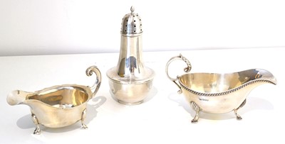 Lot 105 - Two silver sauce boats and sugar caster.
