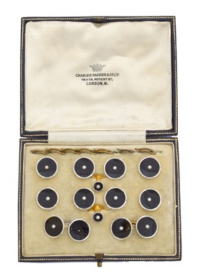 Lot 81 - An early 20th century onyx and seed pearl dress set.