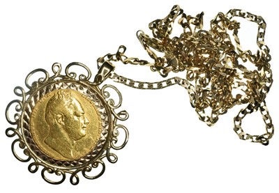 Lot 36 - King William IV, Sovereign, 1837, mounted in gold pendant with chain.