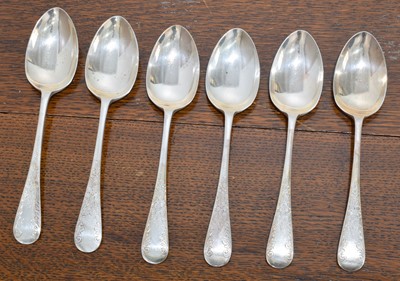 Lot 79 - Six George V silver dessert spoons.