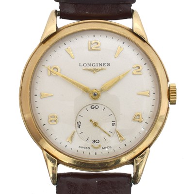 Lot 112 - A 1950s 9ct gold Longines manual wind wristwatch.