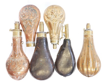 Lot 455 - Six copper and brass powder / shot flasks, two...