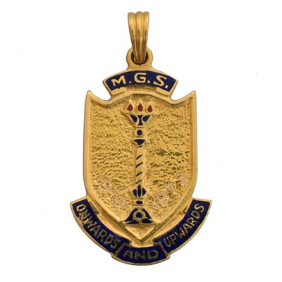 Lot 42 - A yellow metal and enamel M.G.S pendant