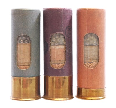 Lot 497 - Three inert 12 bore window cartridges, made up...