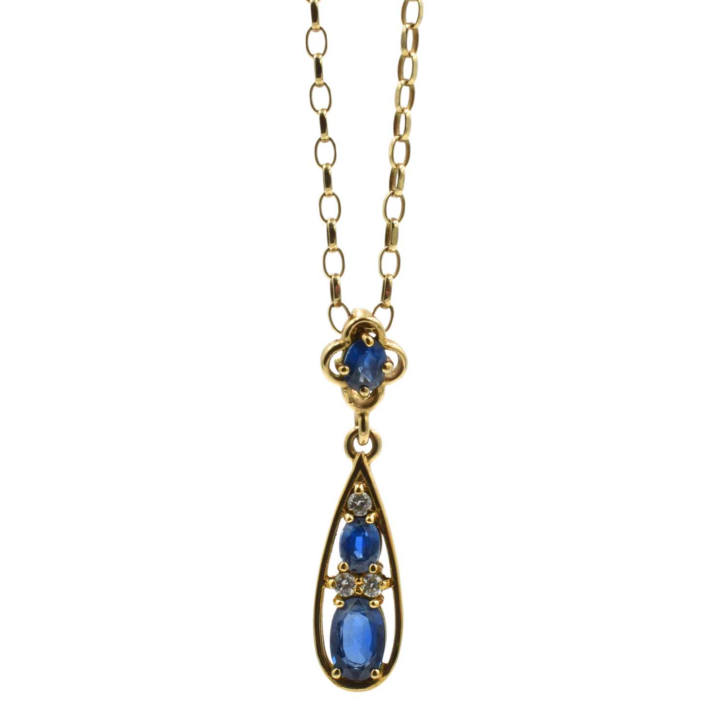 Lot 281 - A synthetic sapphire and diamond drop pendant set in 9ct gold