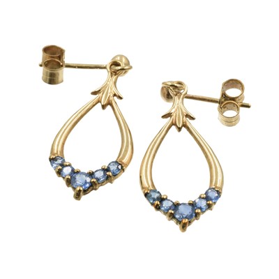 Lot 147 - A pair of sapphire modern drop earrings, set in 9ct gold