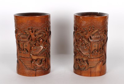 Lot 90 - A Pair of Chinese Carved Bamboo Brush Pots or Bitong