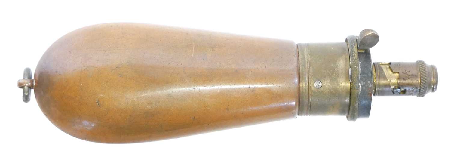 Lot 153 - 120 bore revolver powder flask, brass and...