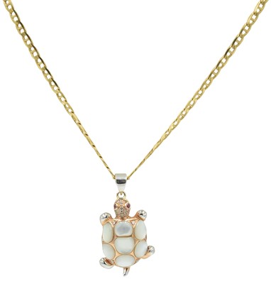 Lot 255 - An 18ct yellow gold and moonstone, diamond and ruby turtle pendant, retailed by Grupa Pagoda
